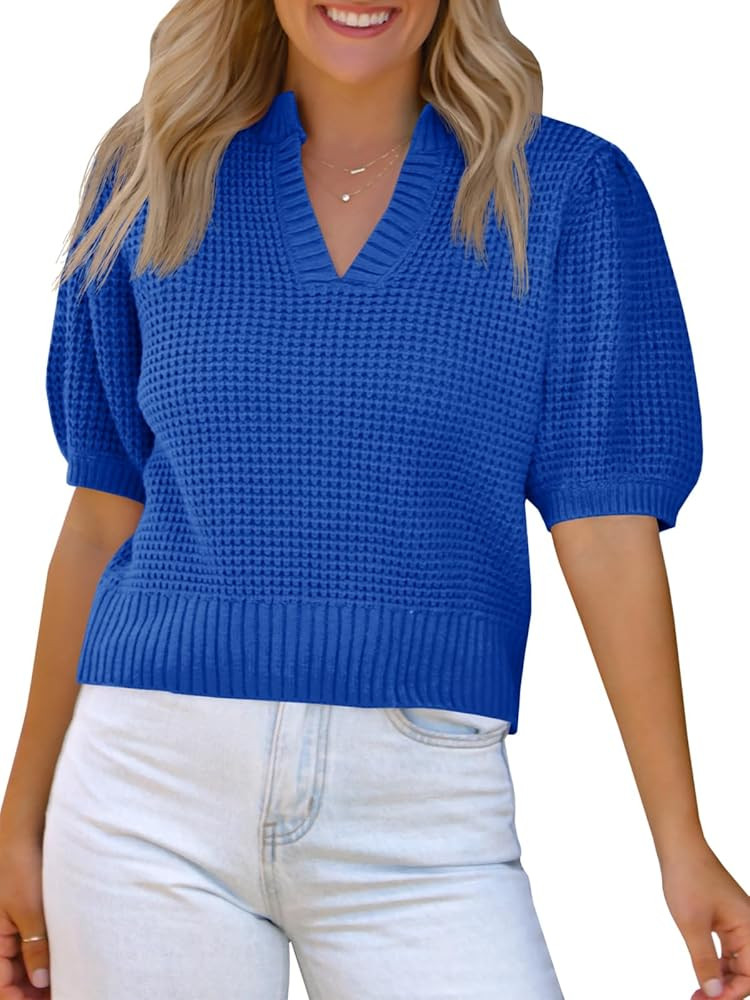 Saodimallsu Womens Puff Short Sleeve Sweater Top Waffle Knit V Neck Spring Summer Cropped Trendy ... | Amazon (US)