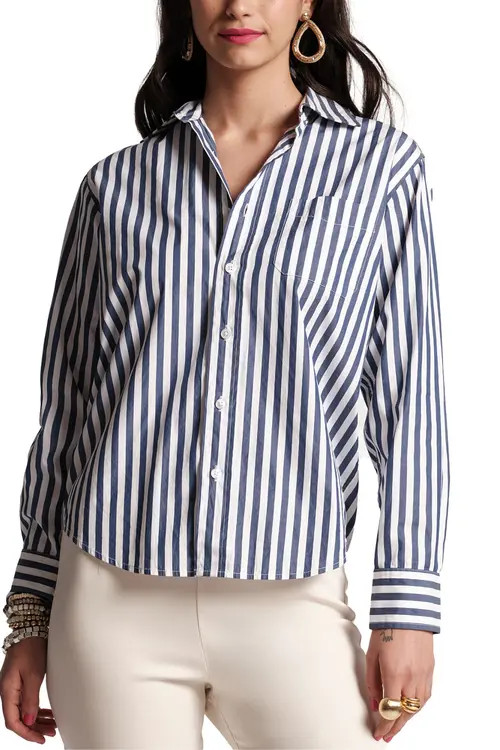 Frances Valentine Perfect Button Down Stripe Cotton Poplin in Navy/white at Nordstrom, Size 1X | Nordstrom