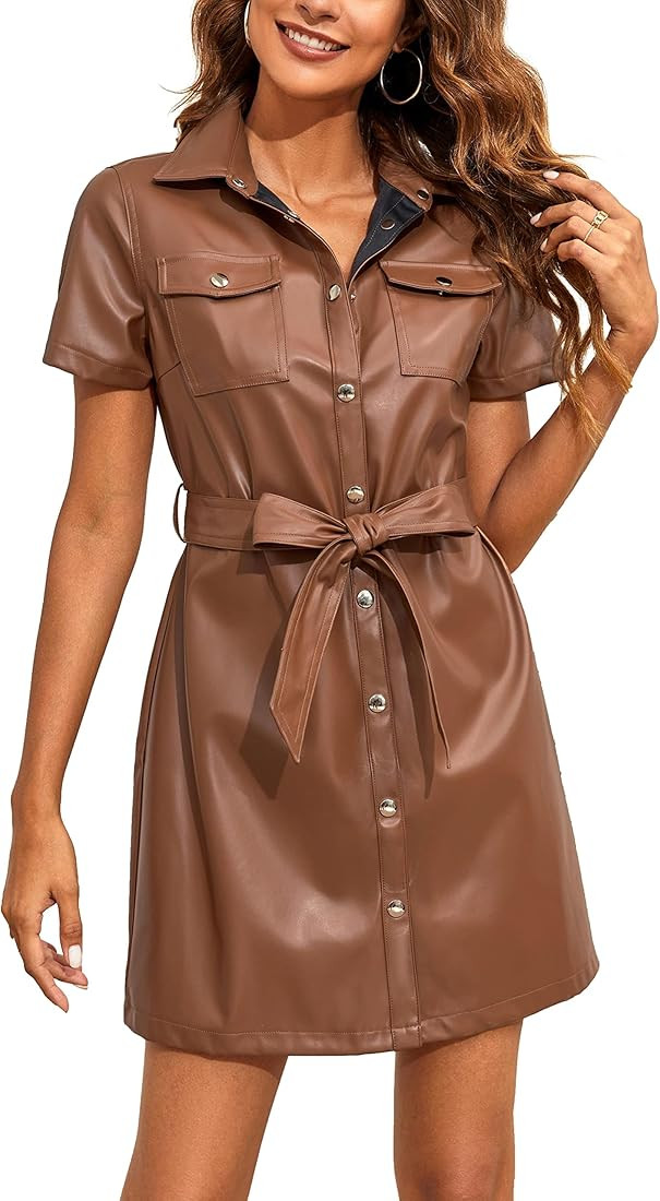 Coutgo Women's Short Sleeve Shirt Dress Button Down Leather Safari Dresses with Belt | Amazon (US)