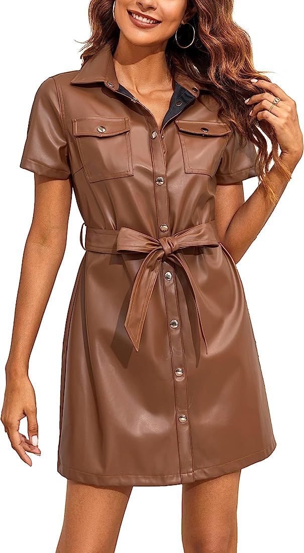 Coutgo Women's Short Sleeve Shirt Dress Button Down Leather Safari Dresses with Belt | Amazon (US)