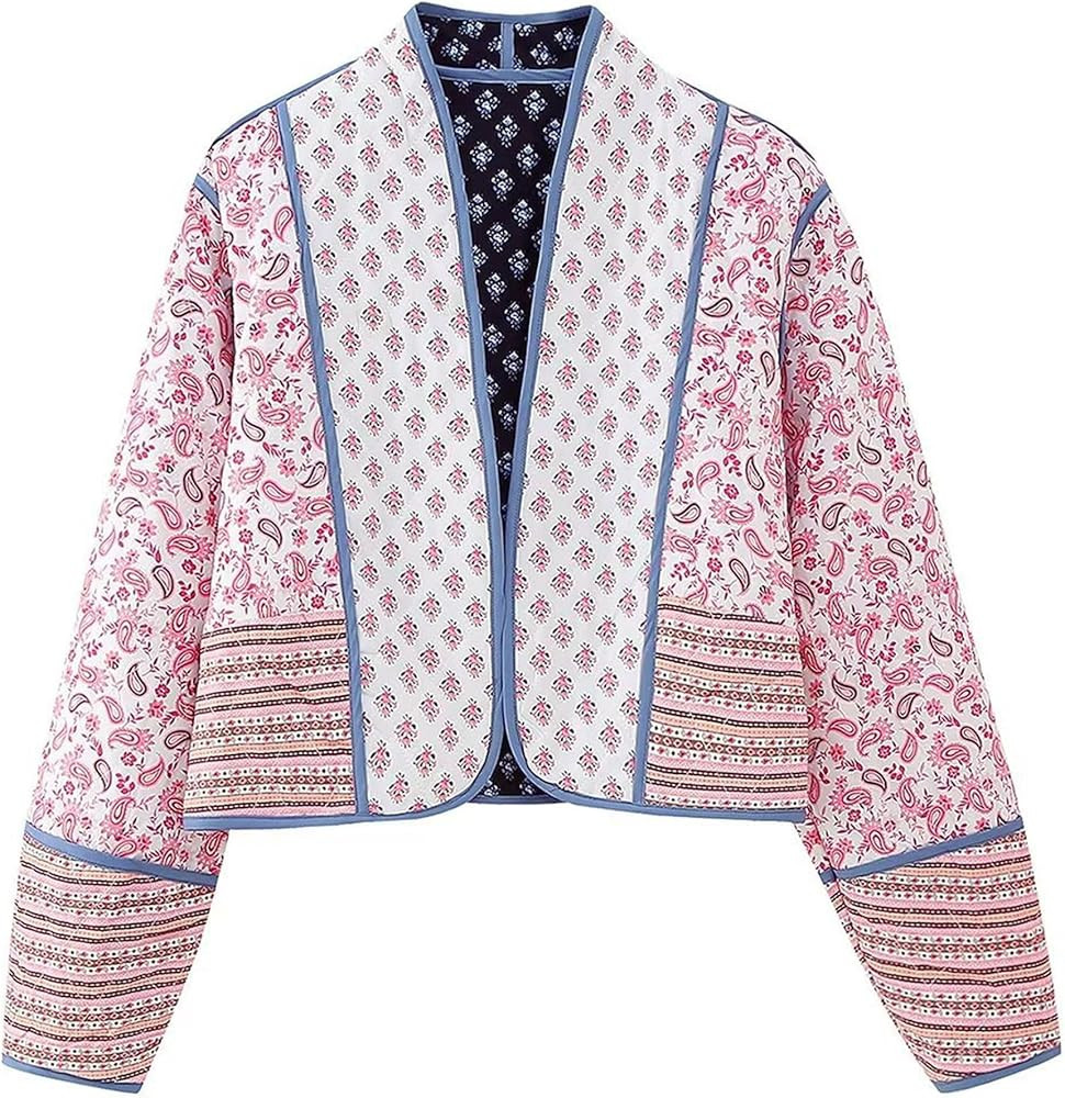 Omoone Women's Cropped Floral Quilted Jacket Cardigan Printed Lightweight Open Front Padded Puffe... | Amazon (US)