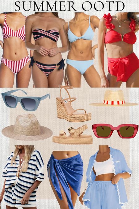 Summer outfit essentials! All of these swimsuits are perfect for summer holidays! The target swimsuit fits tts (size up in top if in between). The red white and blue swimsuit is on major sale! I sized up 2 sizes in the bottom. The red swimsuit fits tts. The light blue swimsuit fits tts in bottom, size up in top. The wedges are on major sale!!! #meandmrjones 

#LTKFindsUnder50 #LTKFindsUnder100 #LTKSaleAlert