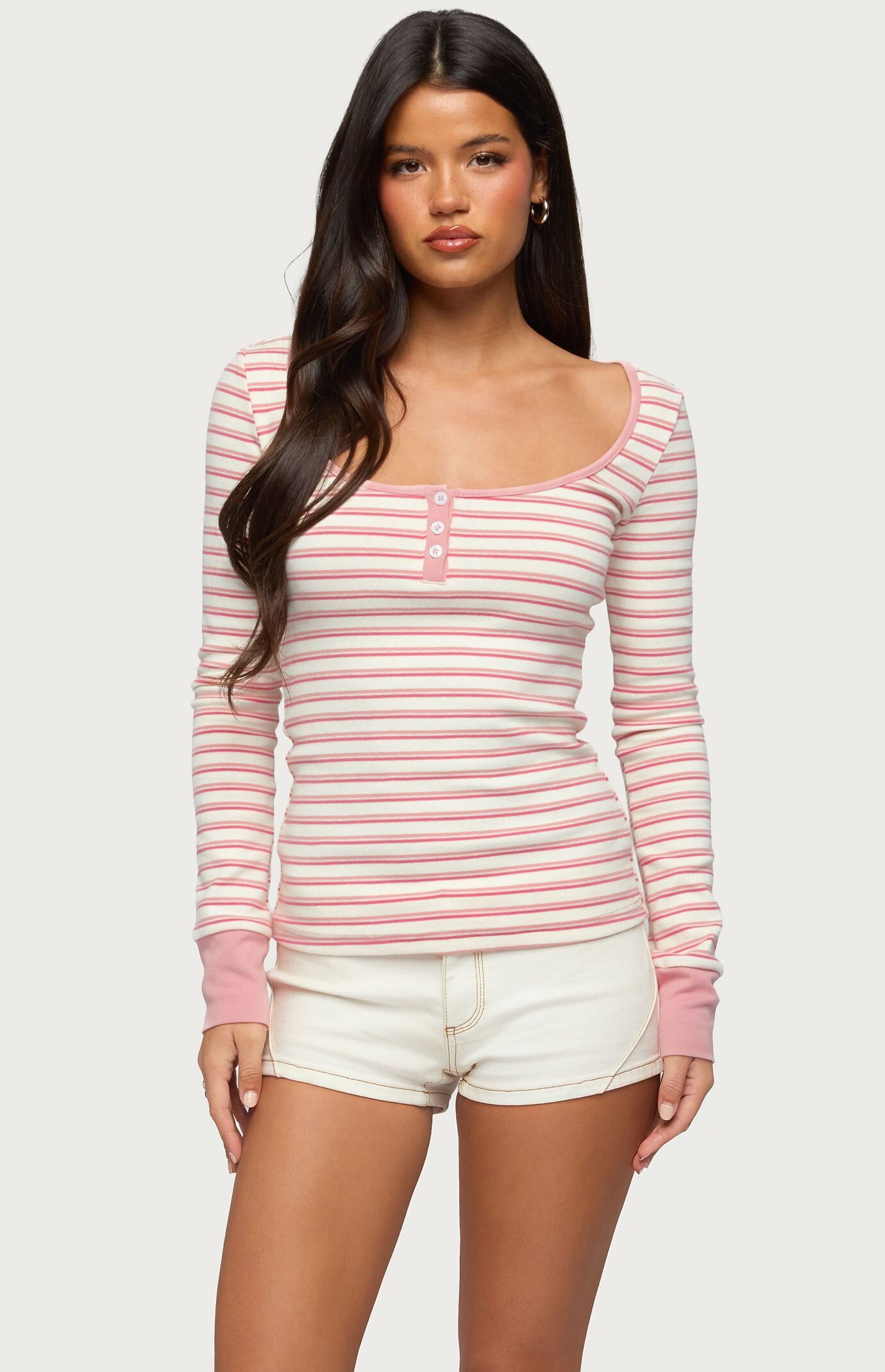Edikted Women's Jaida Striped Henley Top in Pink - Size XS | PacSun