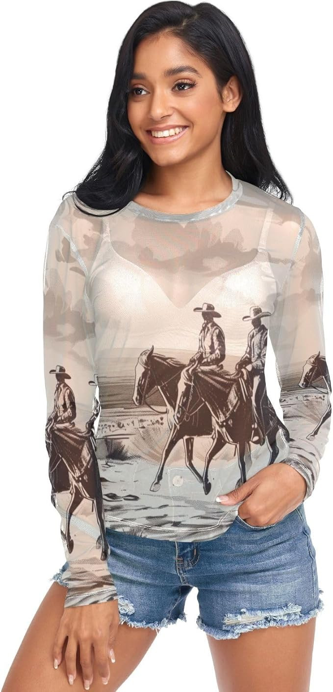 Joisal Western Desert Cowboy Horse Women's Long Sleeve See Through Mesh Sheer Top Blouse Shirt S | Amazon (US)