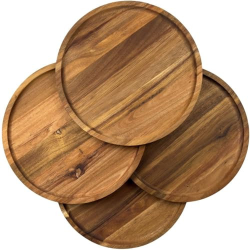 10 Inch Round Teak Wood Plates Set of 4 Wooden Plates for Food Wood Charger Plates Wooden Dishes Charcuterie Board Wooden Serving Trays for Snacks Dessert Cheese Tray Great for Kids Plates | Amazon (US)