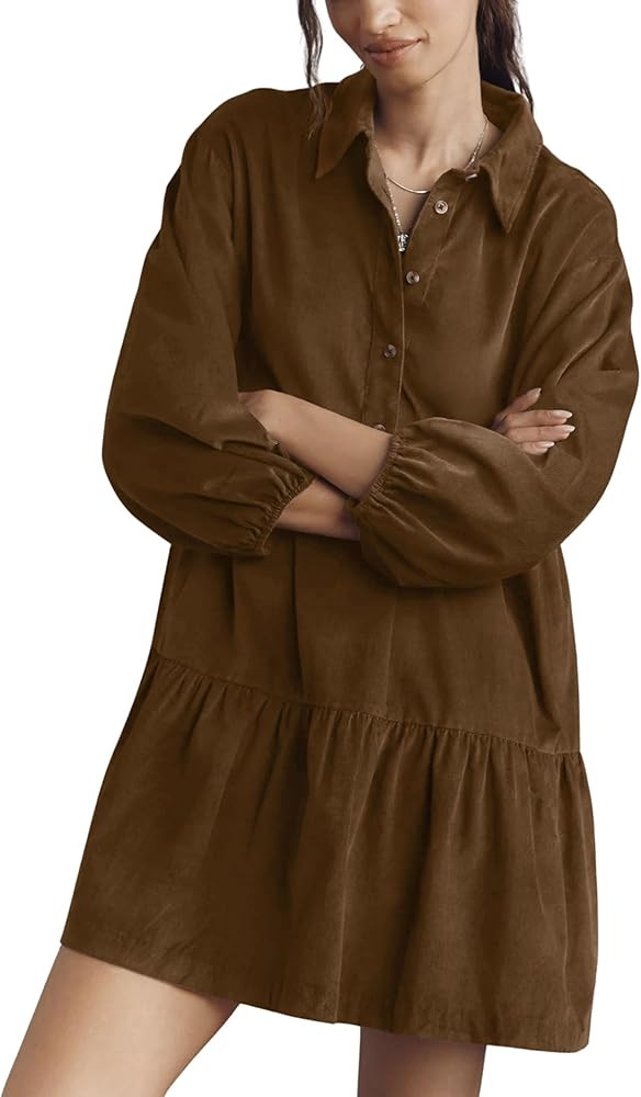Athlisan Womens Corduroy Mini Shirt Dress Long Sleeve Button Down A Line Fall Dress with Pockets | Amazon (US)