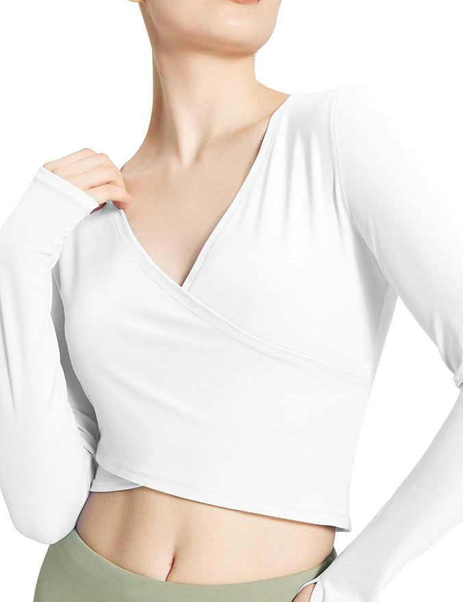 BALEAF Women's Long Sleeve Crop Top for Workout Yoga Wrap Tops V Neck Slim Fit Shirts with Thumb ... | Amazon (US)