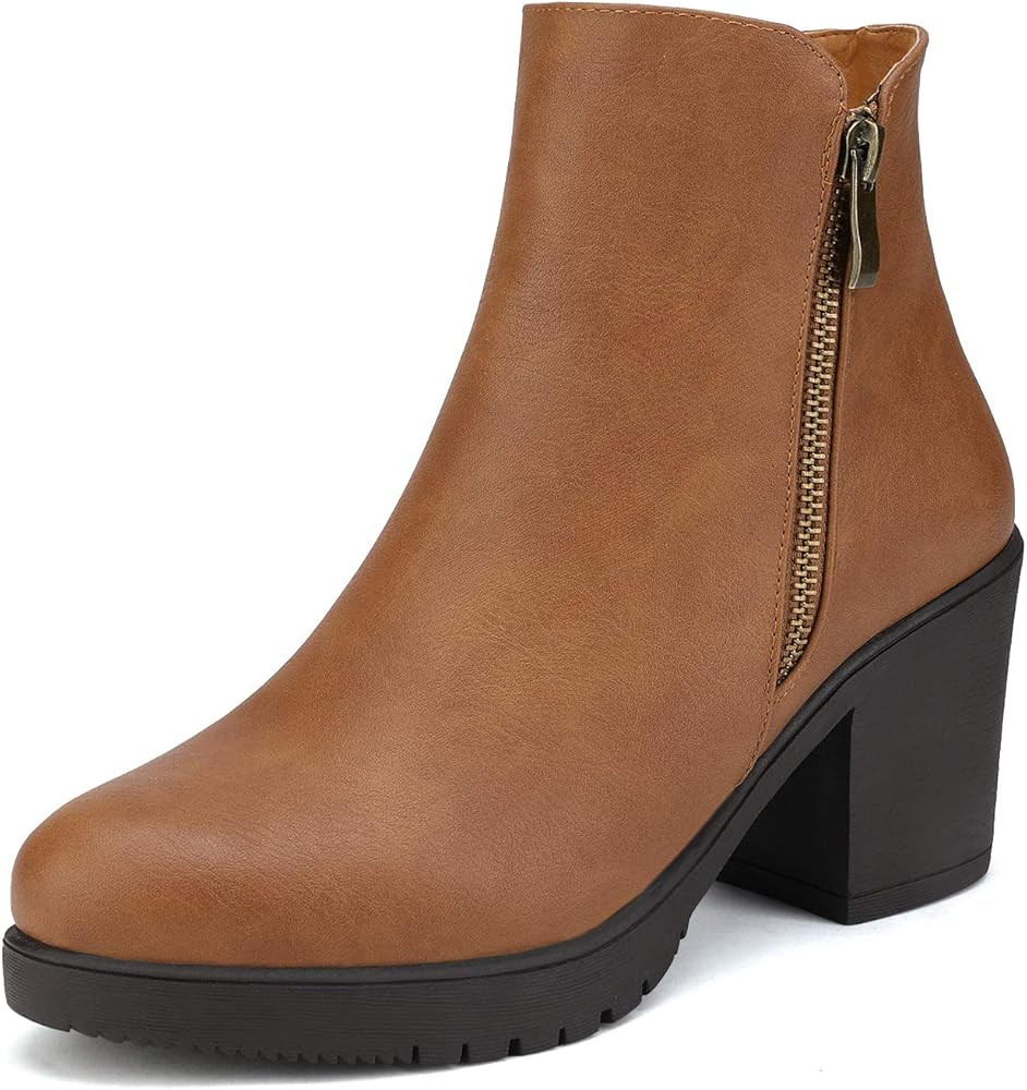 Amazon.com | DREAM PAIRS Women's Tan Pu Chunky Heel Ankle Boots Platform Booties Size 7.5 B(M) US... | Amazon (US)
