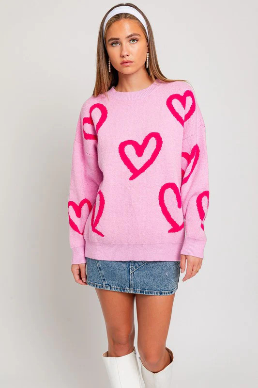 Long Sleeve Round Neck Heart Printed Sweater | Casual Chic Boutique | Casual Chic Boutique