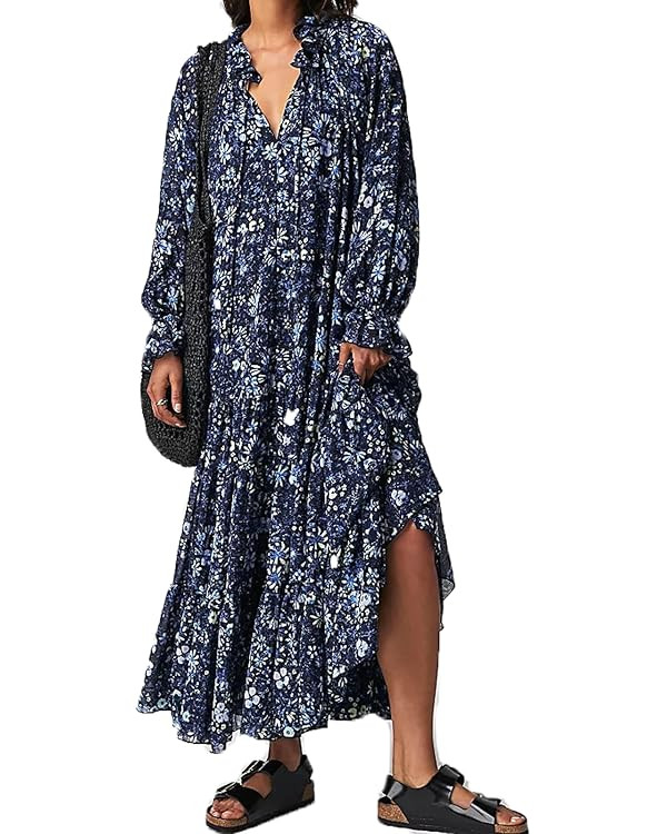 Women Boho Floral Maxi Dress Puff Sleeve Flowy Long Dress V Neck Loose Fit Shirt Dress Bohemian T... | Amazon (US)