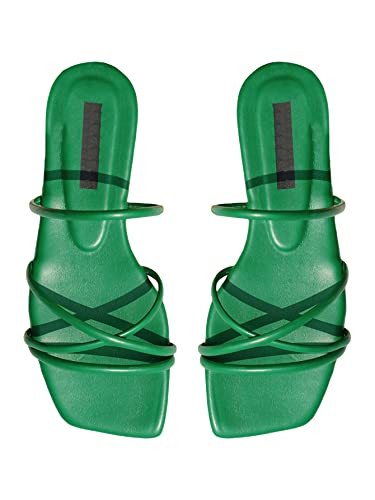 GORGLITTER PU Leather Flat Slip on Sandals Cross Strap Open Toe Summer Slide Sandals Dark Green 7.5 | Amazon (US)