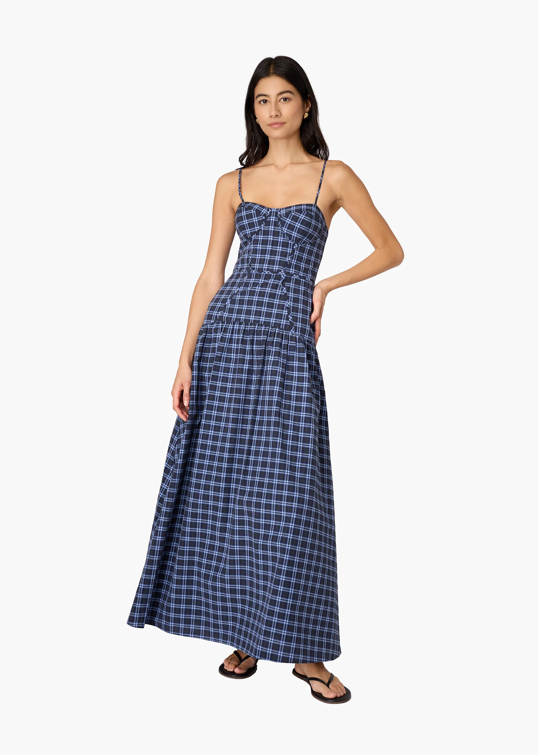 Palermo Cotton Maxi Dress Navy Plaid | CAMI NYC