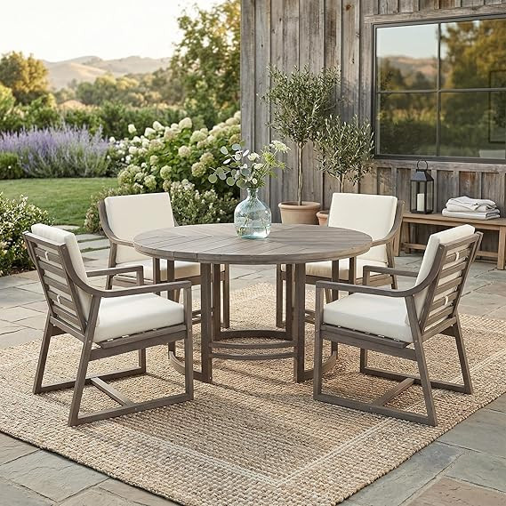 Merax 5-Piece Patio Dining Set, Acacia Wood Round Dining Table and Chairs Set with with Cushions,... | Amazon (US)