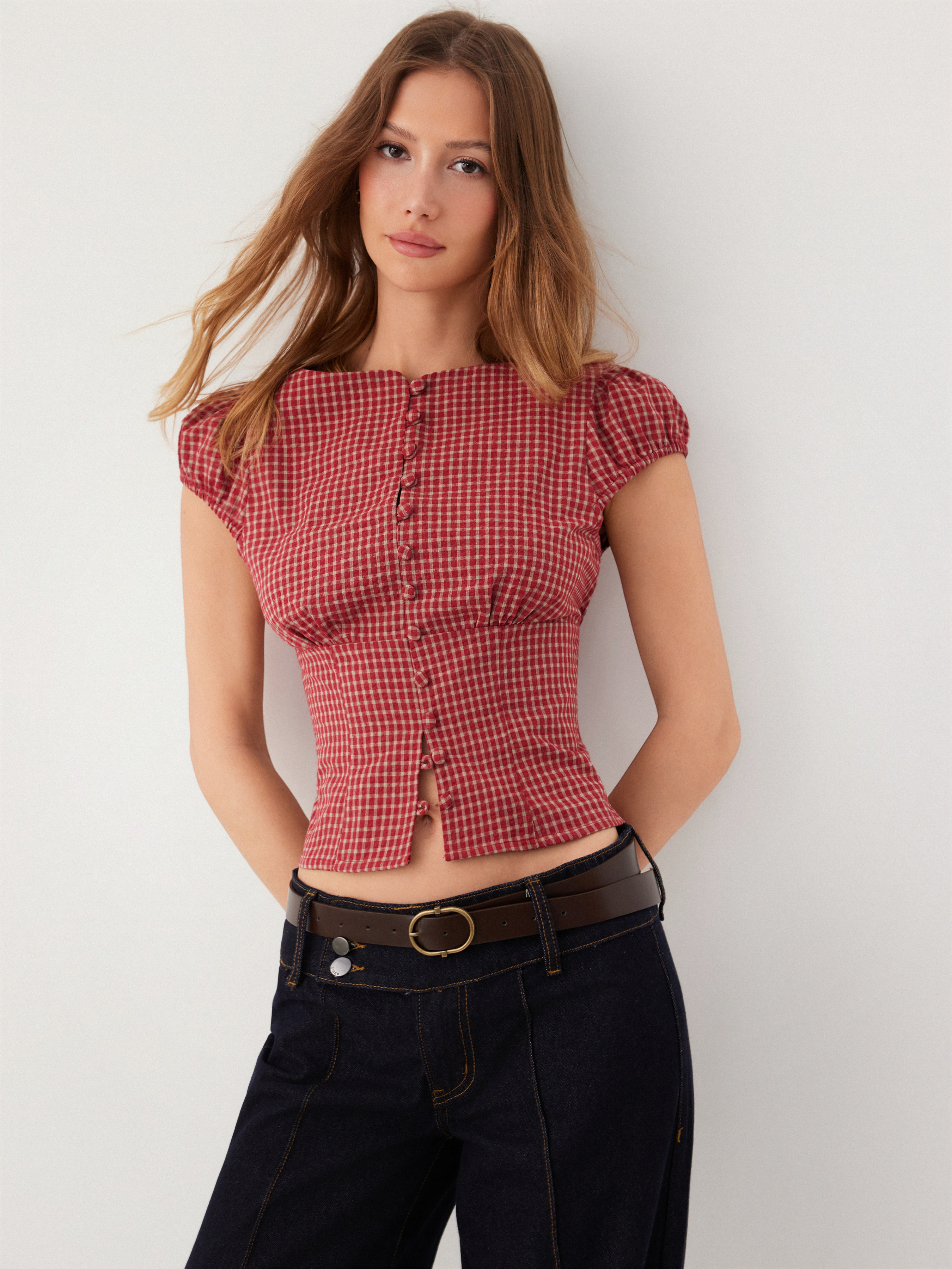 Woven Red Gingham Square Neck Puff Sleeve Blouse For Daily Casual | Cider