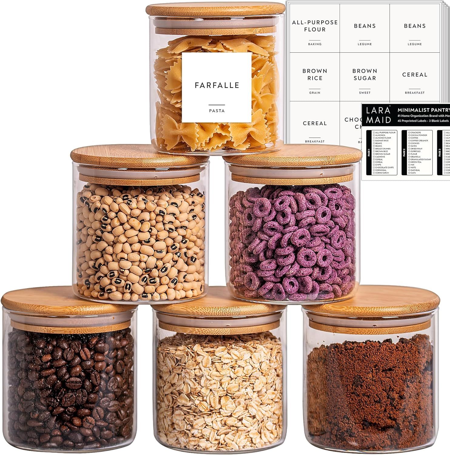 Laramaid 22oz 6Packs Glass Jars Set, Round Pantry Jars with Bamboo Lids and Customized Labels, Fo... | Amazon (US)