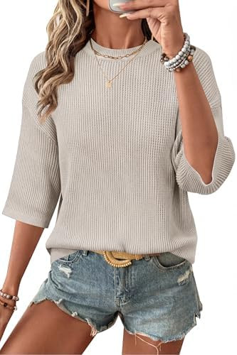 Arach&Cloz Womens 100% Cotton 3/4 Length Sleeve Sweater Crochet Tops Shirts Casual Blouses Resort... | Amazon (US)