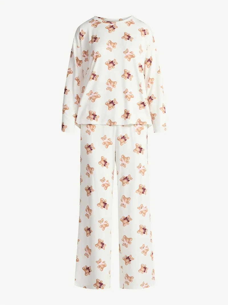 Joyspun Women's Dreamy Soft Collection Long Sleeve Sleep Top and Straight Leg Pants Pajama Set, 2... | Walmart (US)