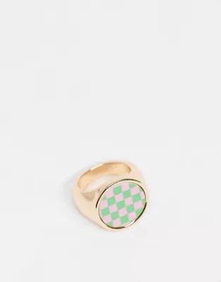 ASOS DESIGN ring with green and pink checkboard design in gold tone | ASOS (Global)
