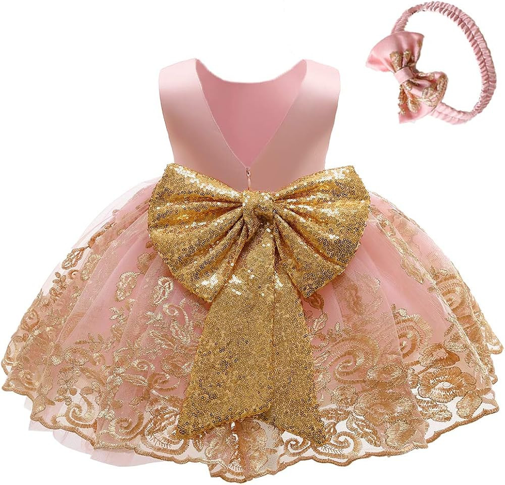 0-6T Big Bowknot Sequins Embroidered Lace Party Tutu Gown Toddler Baby Girls Dress with Headwear | Amazon (US)