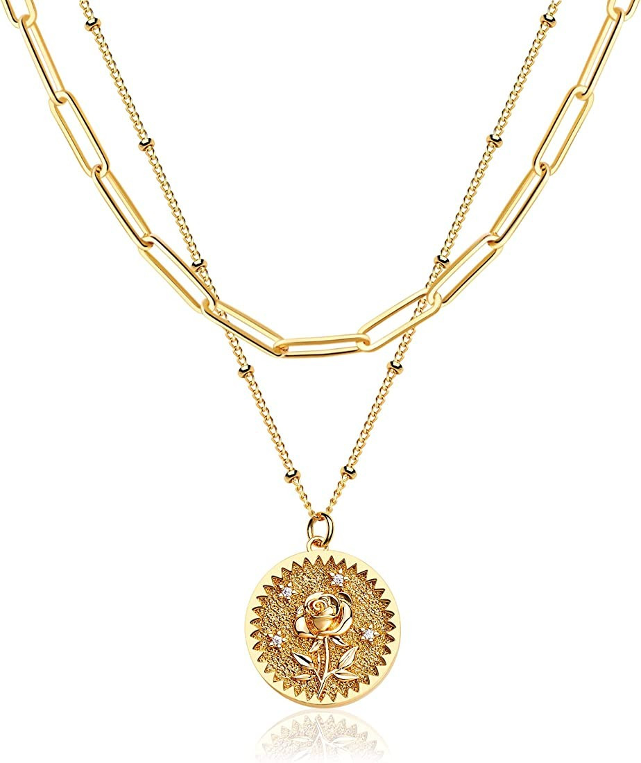 Valloey Rover Gold Layered Coin Necklace for Women Birth Flower Necklace 14K Gold Plated Dainty C... | Amazon (US)
