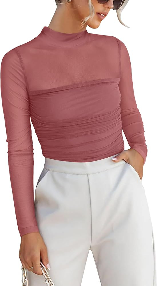 ANRABESS Womens Sexy Mesh Long Sleeve Shirts Trendy Mock Neck Sheer Ruched Going Out Tops Fall Sl... | Amazon (US)