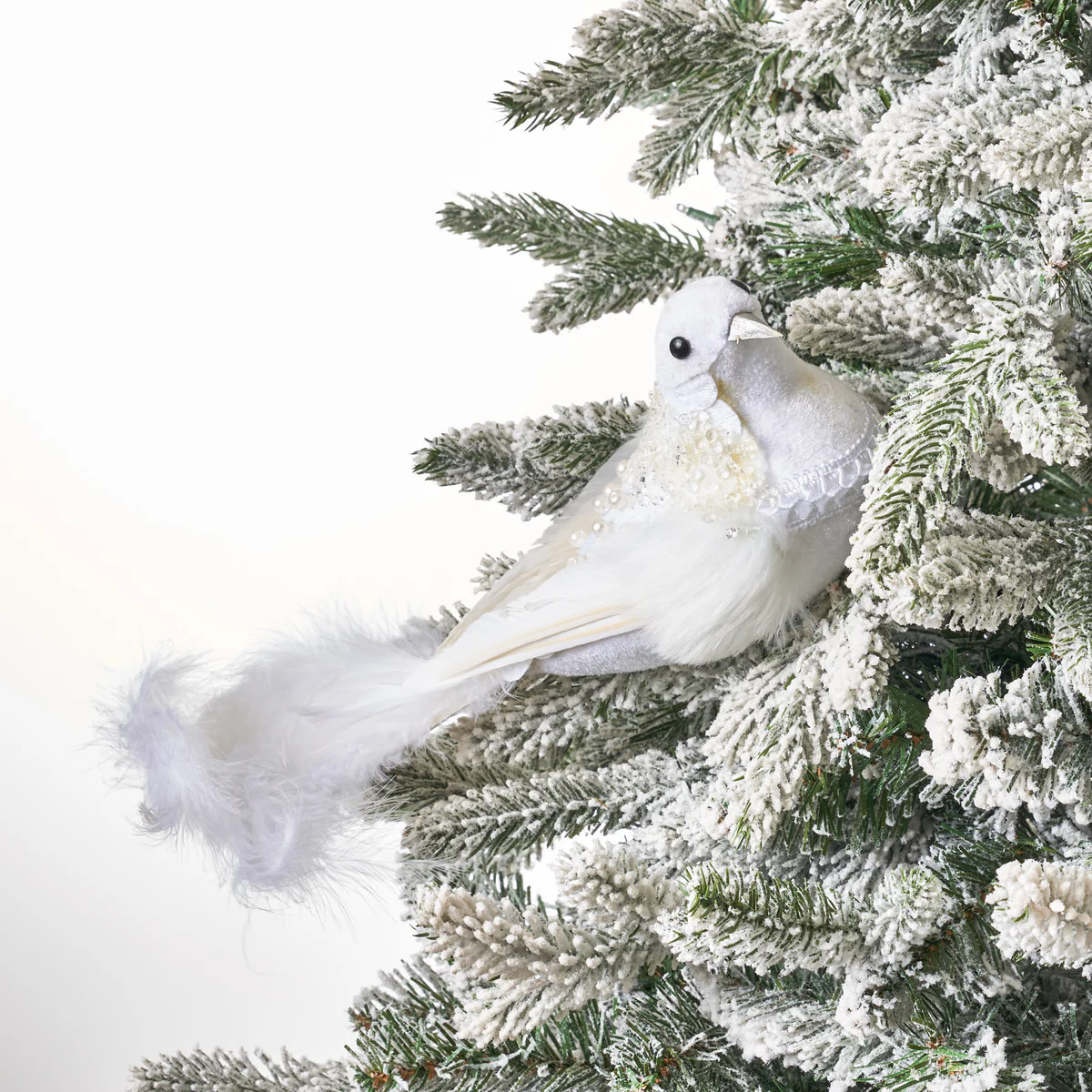 Large White Velvet & Faux Pearl Feather Bird Sequin Clip-On Christmas Ornament | Darby Creek Trading