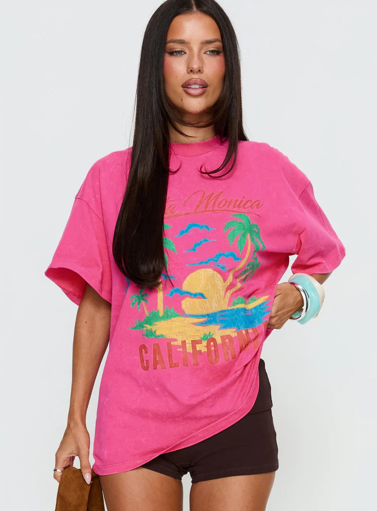 Santa Monica Beach Oversized Graphic Tee Washed Pink | Princess Polly US
