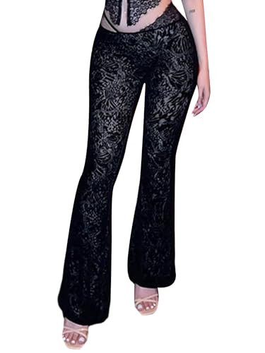 Sunloudy Women Lace Bell Pant Sexy See Through Flare Bottom Leggings Hollow Out Mesh Cover Up Trousers (Black Pants, XS) | Amazon (US)