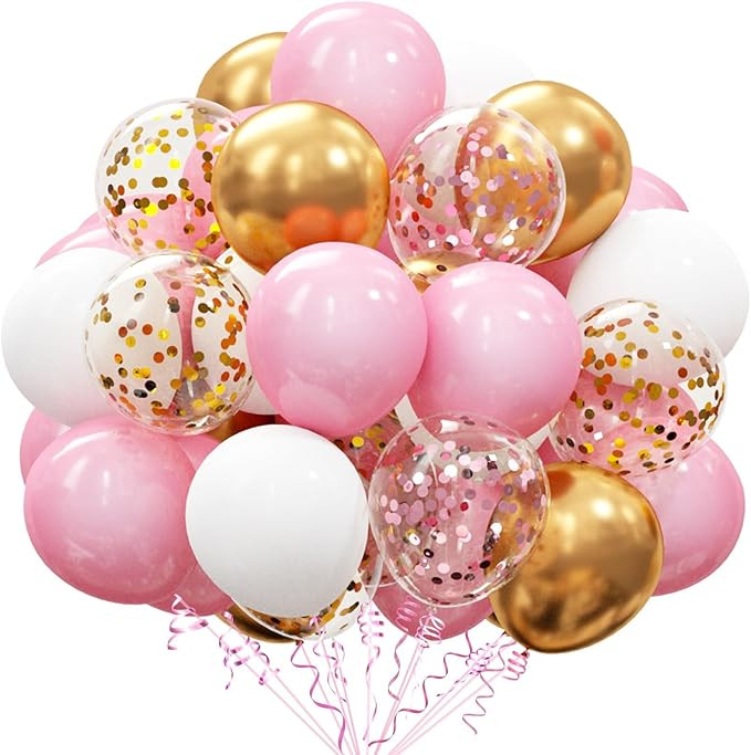 OuMuaMua 60Pcs Pink Gold Confetti Latex Balloons Kit, 12 Inch Pink White Gold Helium Mother's Day... | Amazon (US)