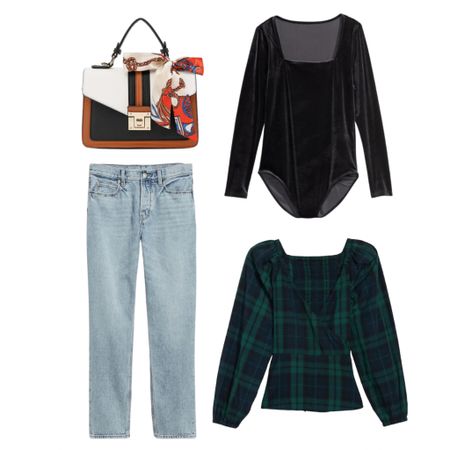 Fall fashion finds! Keep it simple yet festive with a velvet bodysuit and jeans or try this plaid wrap blouse. Accessorize with this chic top handle bag  