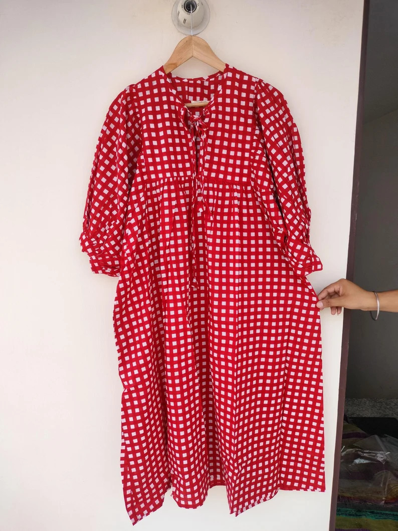 Long Block Print Dress, Deep Neck with string closer Red color Midi Dress, Mini Dress, | Etsy (US)