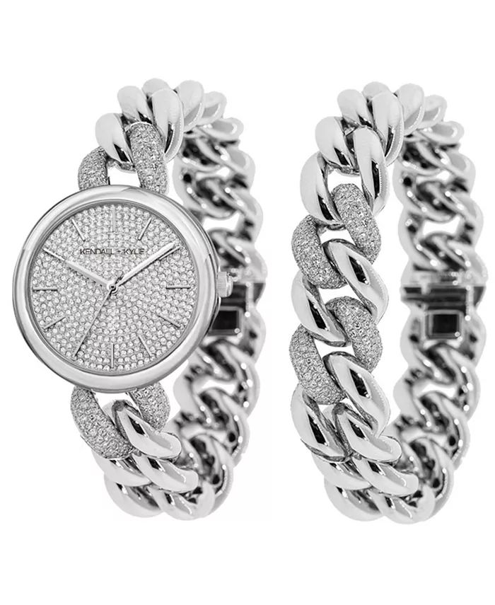 Women's Silver Tone and Crystal Chain Link Stainless Steel Strap Analog Watch and Bracelet Set 40... | Macys (US)