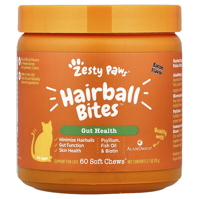 Zesty Paws, Hairball Bites™, For Cats, All Ages, Bacon, 60 Soft Chews, 2.7 oz (78 g) | iHerb