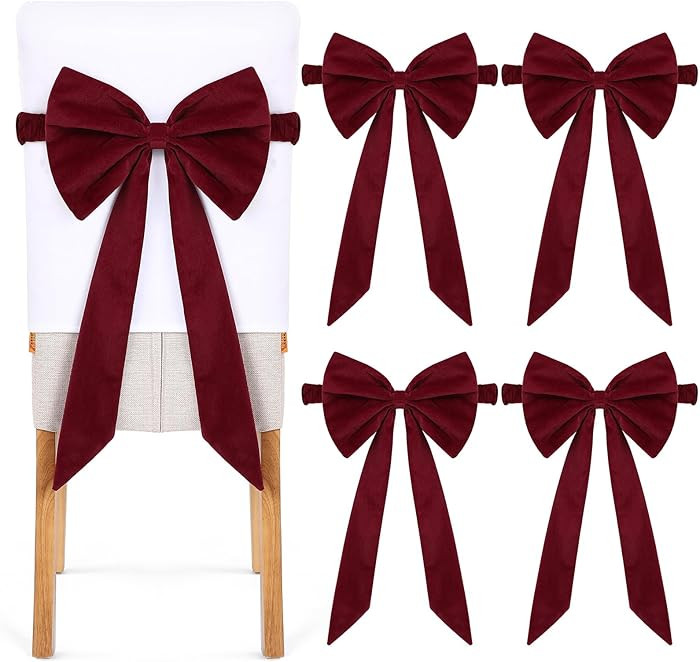 Newwiee Set of 4 Christmas Burgundy Velvet Chair Sashes, Sashes Chair Bows Tie Back for Christmas... | Amazon (US)