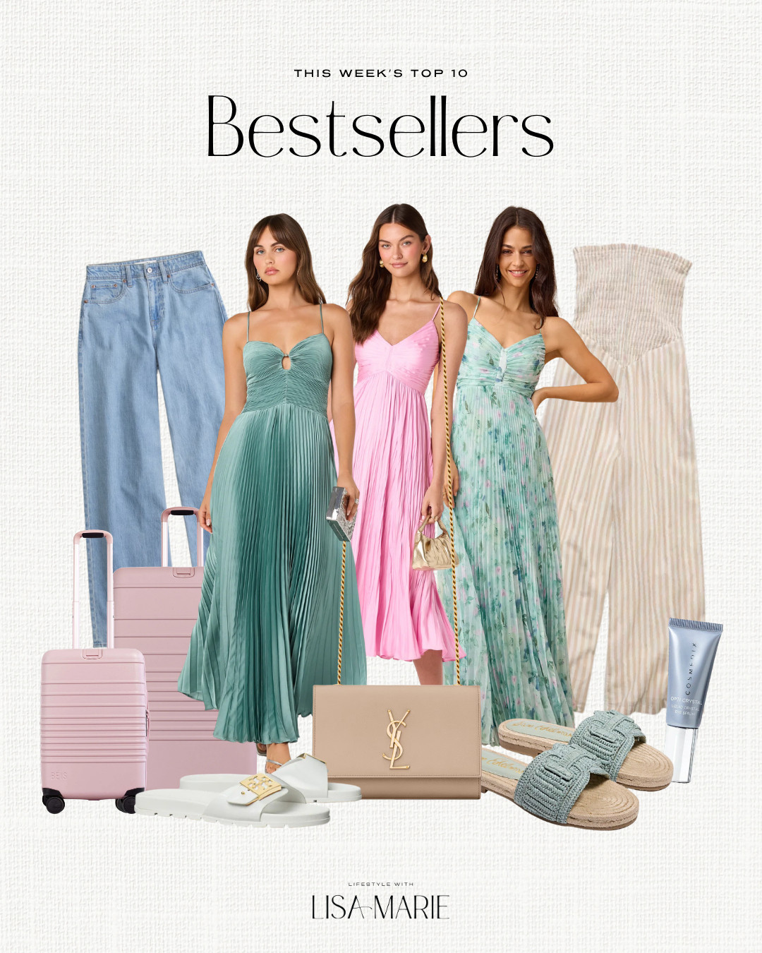 This week's top 10 bestsellers! Silk, satin and floral midi and maxi dresses for summer weddings, special occasions and events. Designer sandals, slides, handbags and purses. Luxe luggage and suitcases. High-rise denim and smocked jumpsuits.

#LTKSeasonal #LTKBeauty #LTKTravel