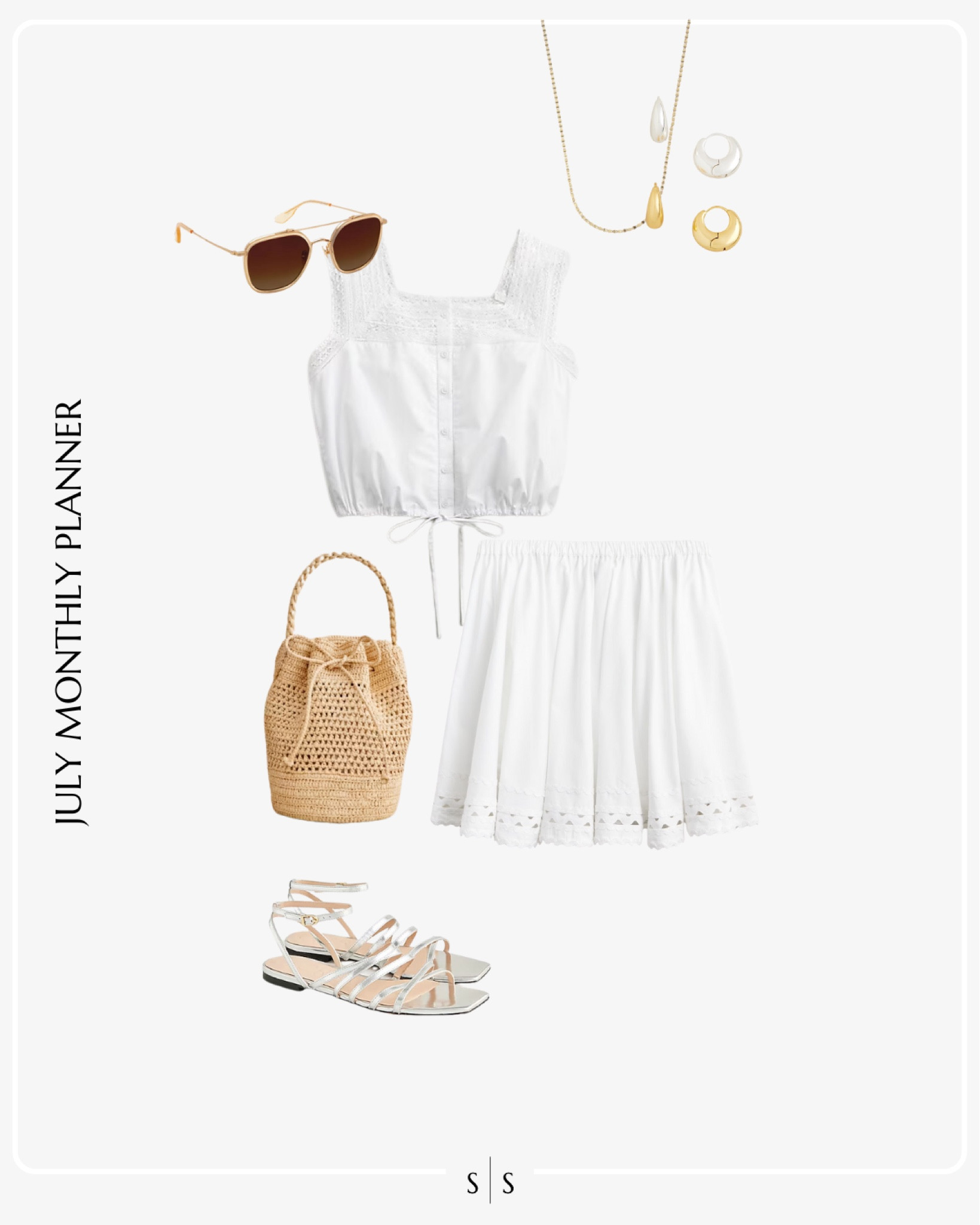 Monthly outfit planner JULY: Summer looks | white eyelet crop shirt, eyelet mini skirt, strap metallic sandals, crochet bucket bag, Summer accessories, monochrome outfit idea 

See the entire calendar on thesarahstories.com ✨ 


#LTKStyleTip