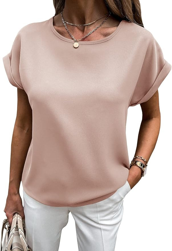 Lynwitkui Womens 2023 Summer Crewneck Short Sleeve Chiffon Blouses Keyhole Back Business Casual T... | Amazon (US)