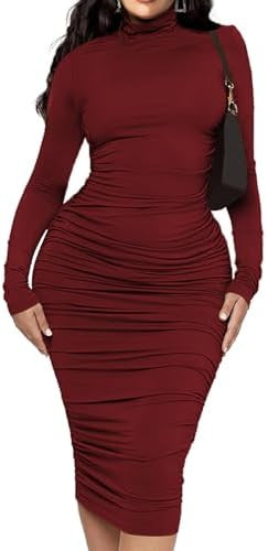 Ekaliy Women's Ruched Bodycon Midi Dress Mock Neck Long Sleeves Party Club Dresses | Amazon (US)