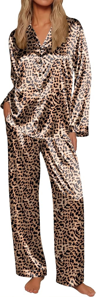 Ekouaer Silk Satin Pajamas for Women Button Down Pjs Set Long Sleeve Loungewear 2 Piece Wide Leg ... | Amazon (US)