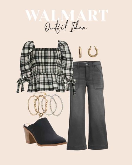 Walmart outfit idea with these wide leg crop jeans and ruched peplum puff sleeve top. #walmartpartner @walmart @walmartfashion #walmartfashion 

#LTKunder100 #LTKunder50 #LTKstyletip