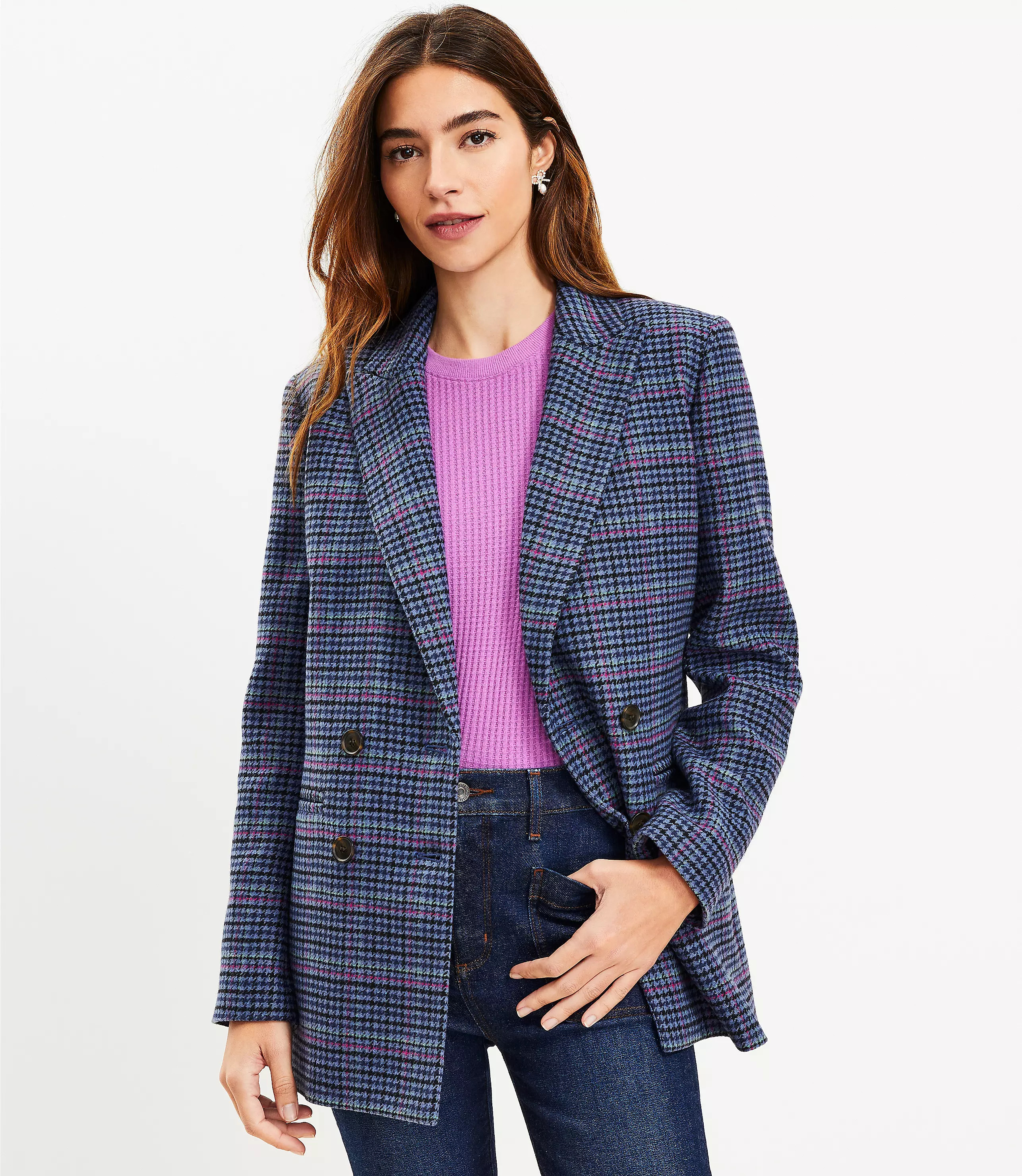 Houndstooth Structured Double Breasted Blazer | LOFT