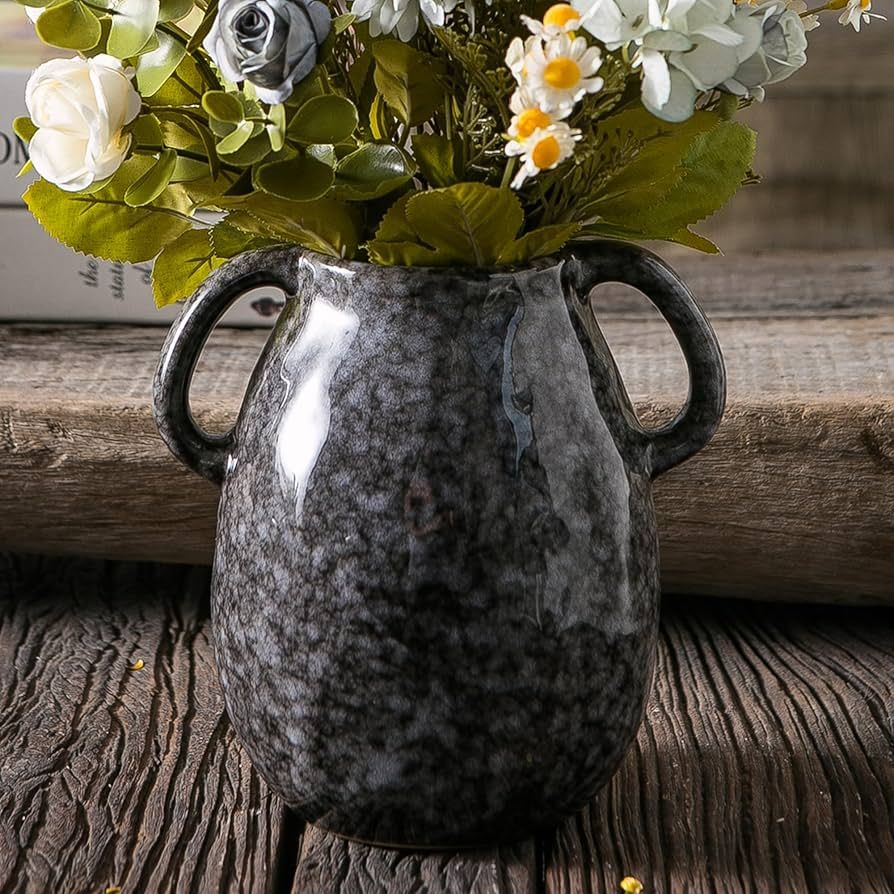 Tanvecle Black Ceramic Vase with 2 Handles, Modern Farmhouse Vase for Home Decor, Rustic Terracot... | Amazon (US)