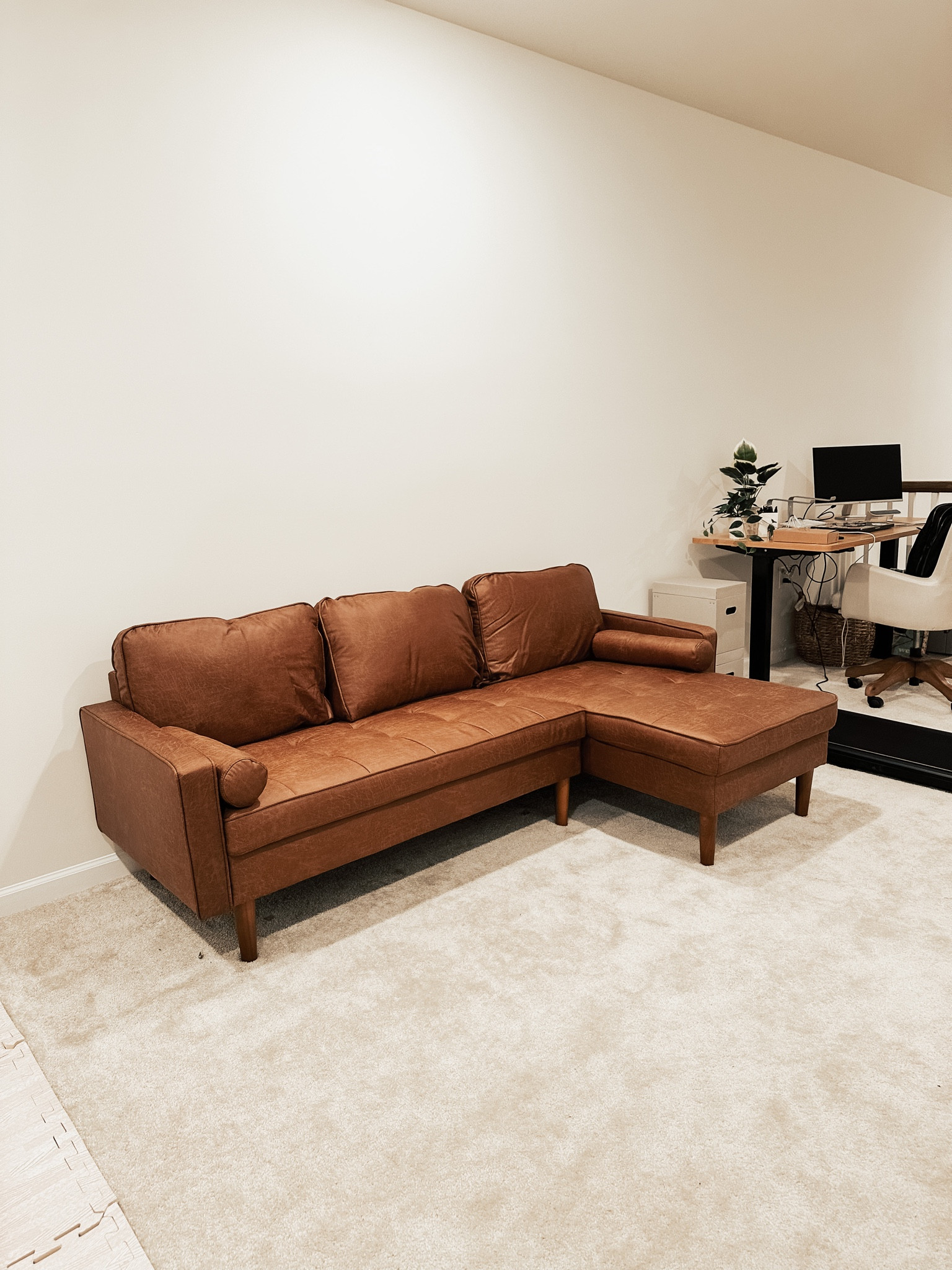 Loft | sectional | small sectional with chaise | suede couch | leather couch | office space 

For reference of size.. this room has 9ft ceilings. 

#LTKhome
