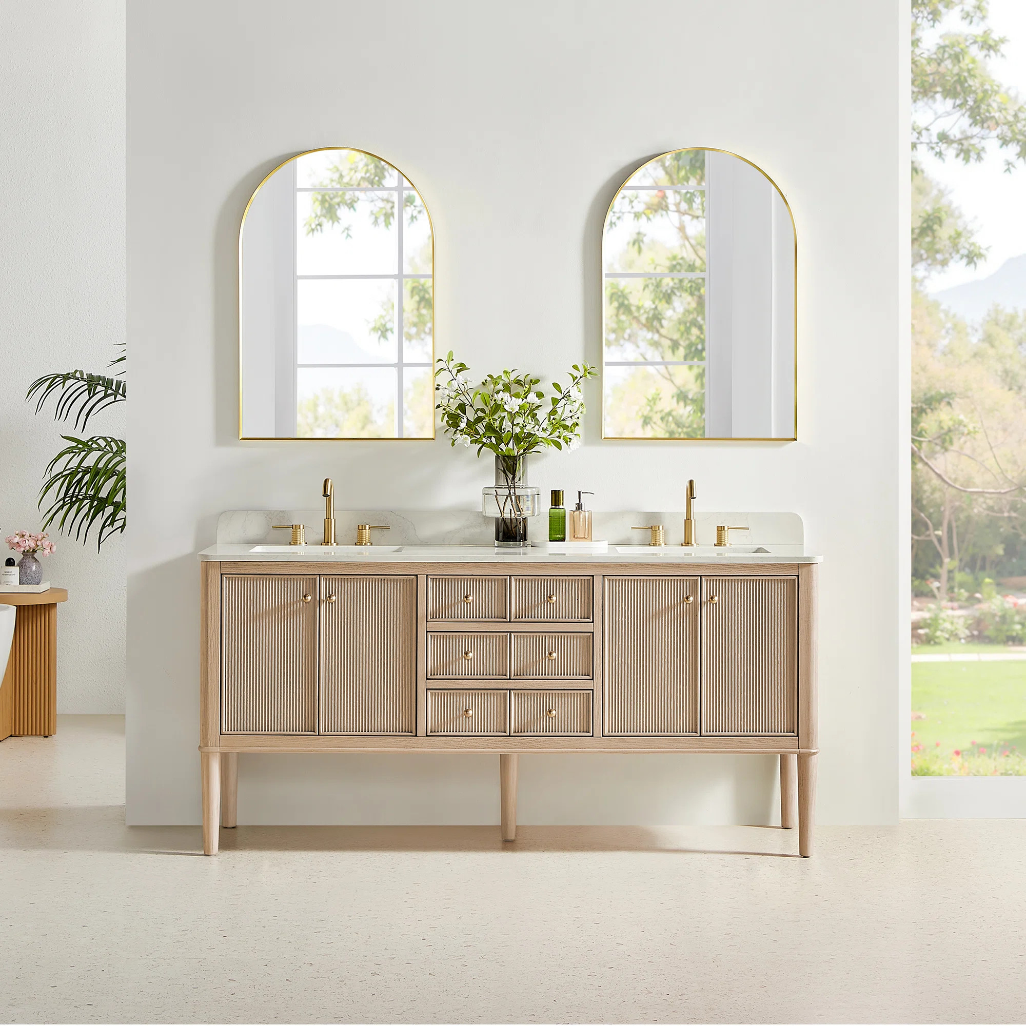 Blaise 72" Double Freestanding/Floating Bathroom Vanity in Light Oak with Grain White Engineered ... | Wayfair North America