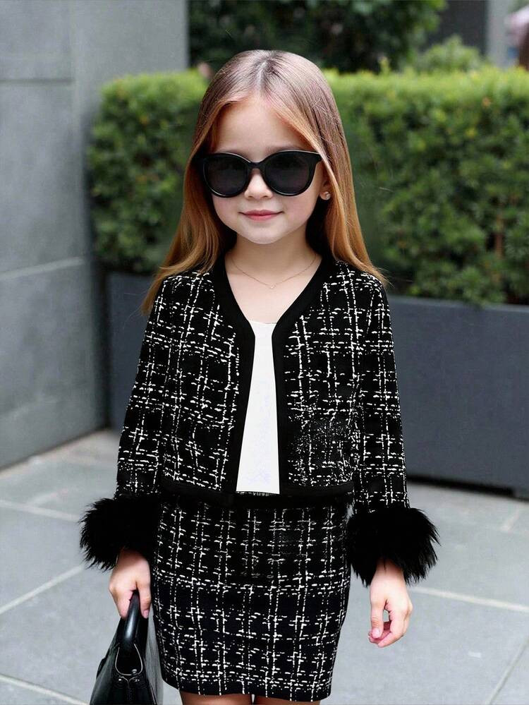 Firerie Kids NovaGlow Young Girl Young Girl Urban Elegant Cardigan With Fur Cuff & Skirt Set, Christmas, Black | SHEIN
