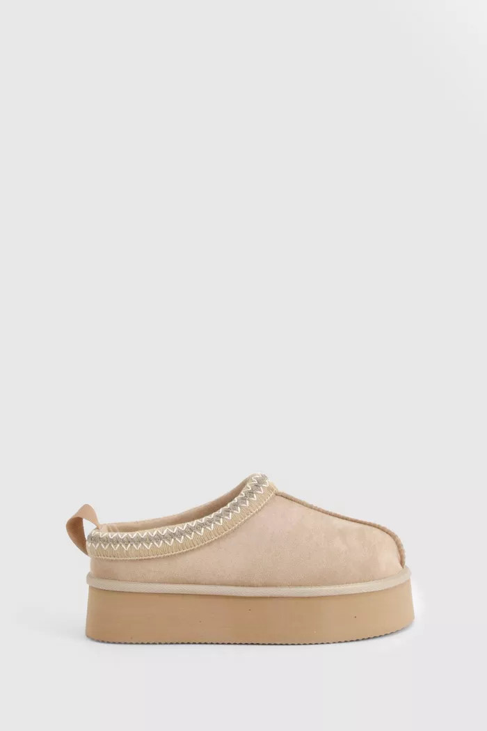 Embroidered Detailing Platform Slip On Faux Fur Lined Mules | Boohoo.com (UK & IE)