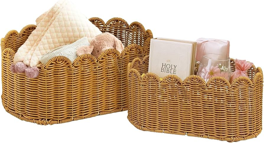VERSSURE Wicker Storage Baskets Set of 2, Handwoven Rattan Organizer Bins with Scalloped Edge, De... | Amazon (US)