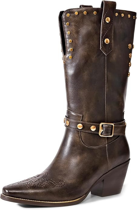 Womens Cowboy Cowgirl Boots Wide Mid Calf Square Toe Riding Boots Block Chunky Heel Low Heel Dist... | Amazon (US)