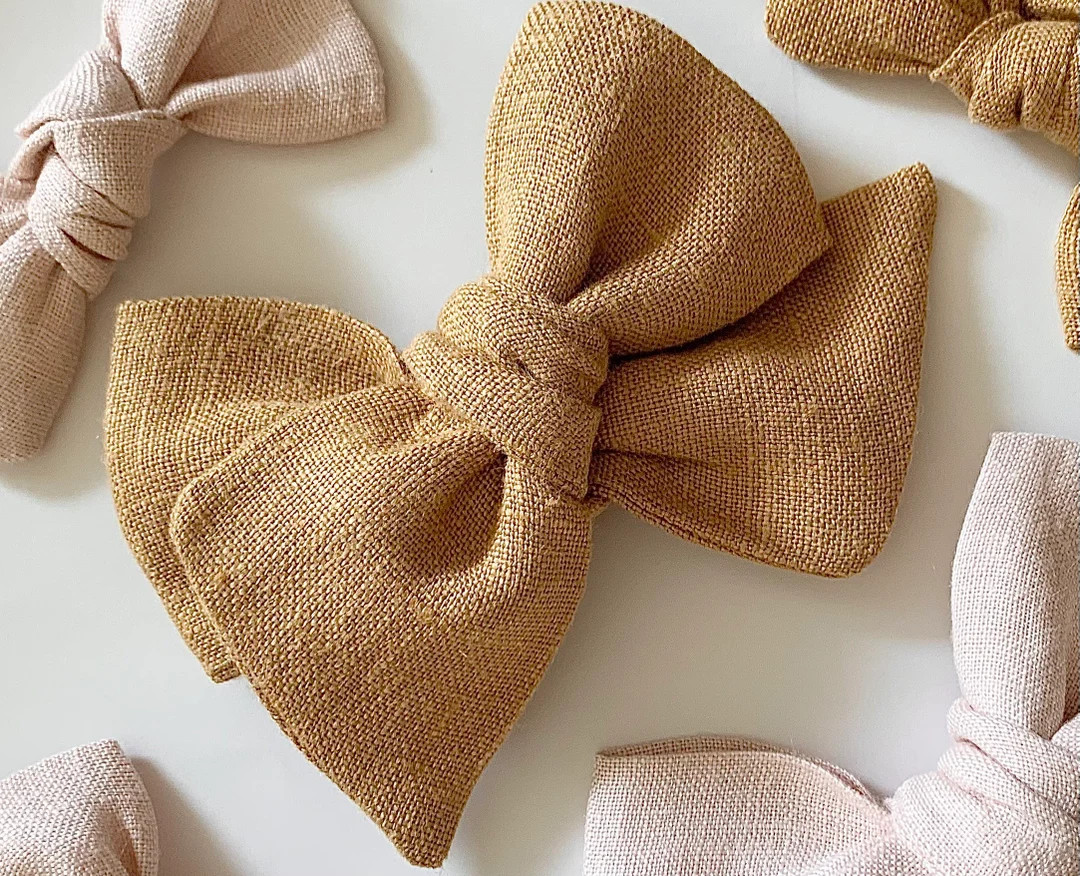 Handmade Goldie Linen Hair Bow, Light Muted Mustard Yellow, Nylon Baby Headband, Fabric Hair Clip... | Etsy (US)