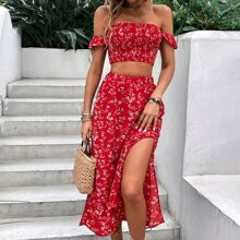 Floral Print Off Shoulder Crop Top Split Thigh Skirt | SHEIN